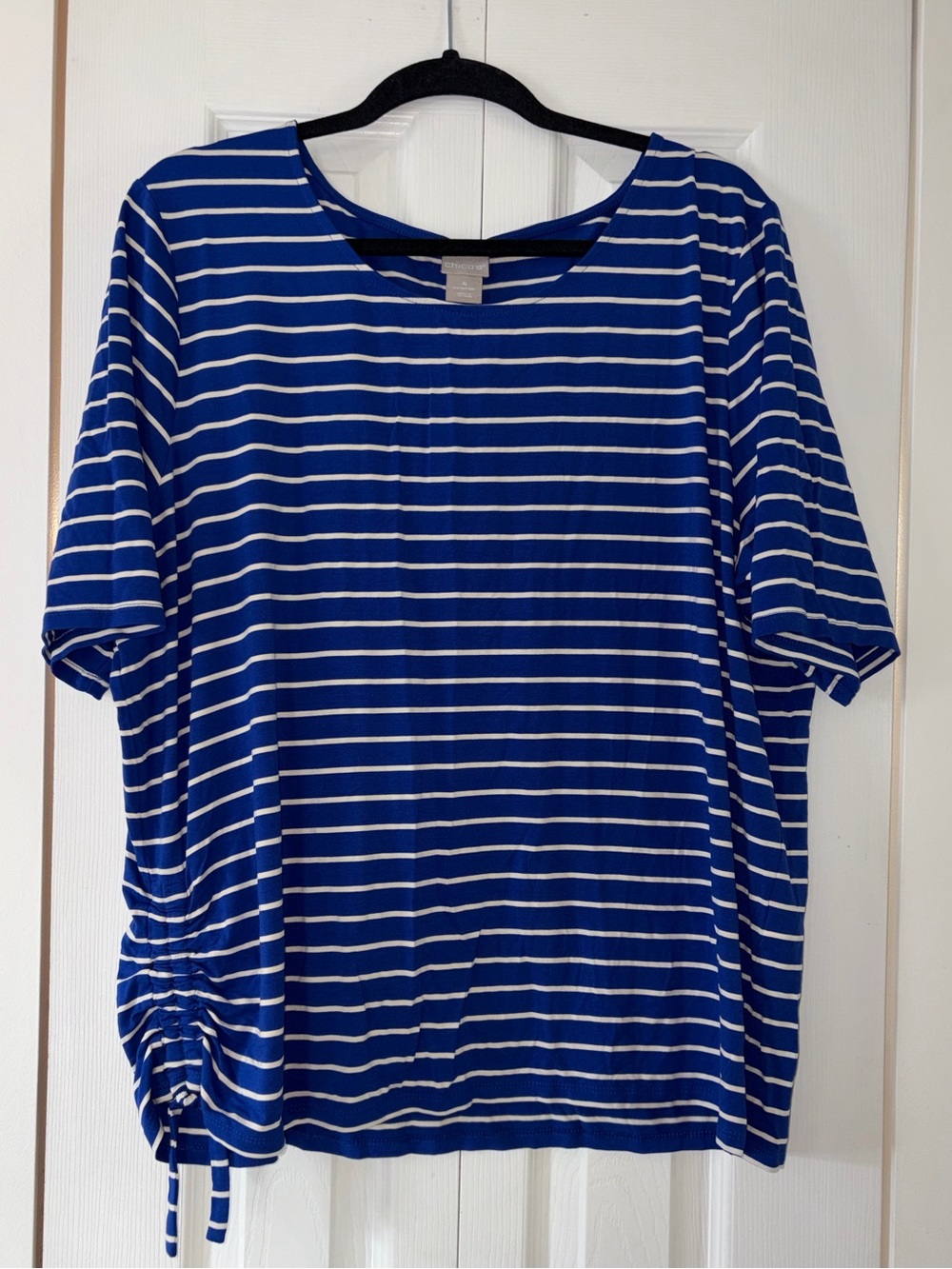 NEW Chico's Knit Short Sleeve Blue & White Striped Side Ruched Top Size 4